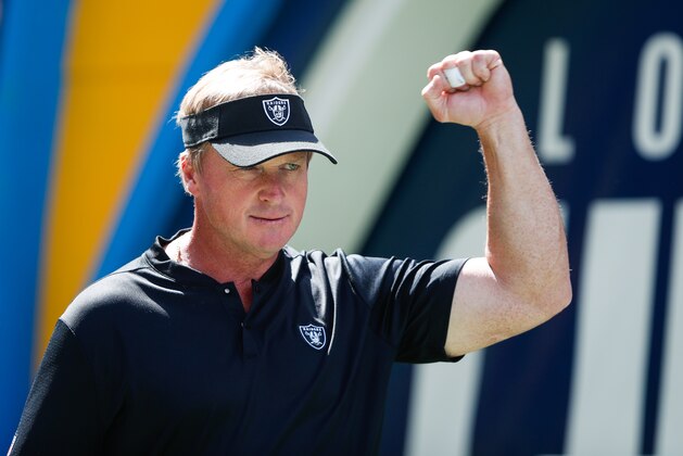 CARSON, CA - OCTOBER 07: Oakland Raiders head coach Jon Gruden walks out to the field ahead of the game against the Los Angeles Chargers at StubHub Center on October 7, 2018 in Carson, California. (Photo by Sean M. Haffey/Getty Images)