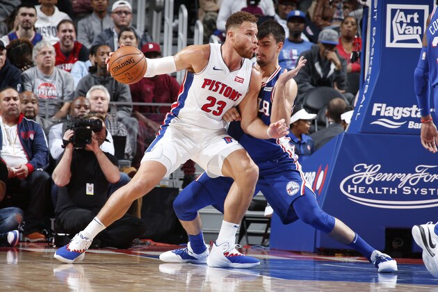 DETROIT, MI - OCTOBER 23: Blake Griffin #23 of the Detroit Pistons handles the ball against the Philadelphia 76ers on October 23, 2018 at Little Caesars Arena in Auburn Hills, Michigan. NOTE TO USER: User expressly acknowledges and agrees that, by downloading and/or using this photograph, User is consenting to the terms and conditions of the Getty Images License Agreement. Mandatory Copyright Notice: Copyright 2018 NBAE (Photo by Brian Sevald/NBAE via Getty Images)
