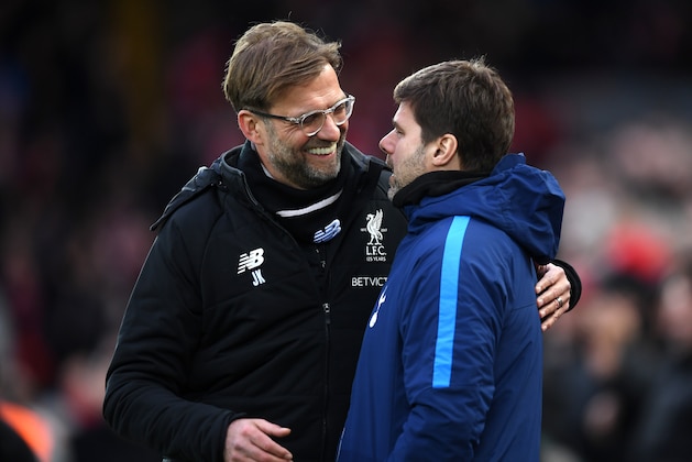 LIVERPOOL, ENGLAND - FEBRUARY 04:  Jurgen Klopp, Manager of Liverpool greets Mauricio Pochettino, Manager of Tottenham Hotspur prior to the Premier League match between Liverpool and Tottenham Hotspur at Anfield on February 4, 2018 in Liverpool, England.  (Photo by Michael Regan/Getty Images)