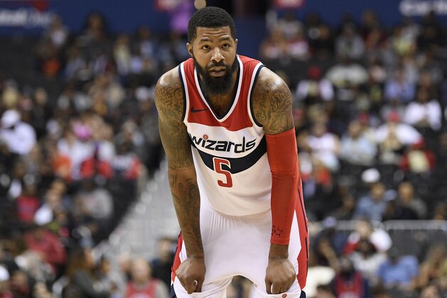 Washington Wizards forward Markieff Morris (5) stands on the court during the first half of an NBA preseason basketball game against the Miami Heat, Friday, Oct. 5, 2018, in Washington. (AP Photo/Nick Wass)