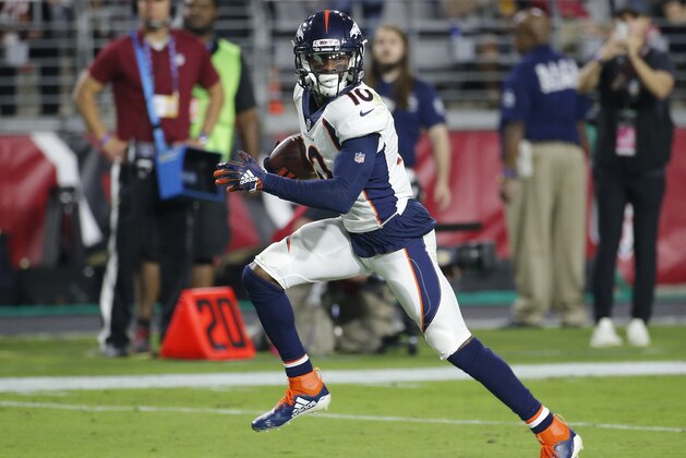 Denver Broncos wide receiver Emmanuel Sanders (10) during an NFL football game against the Arizona Cardinals, Thursday, Oct. 18, 2018, in Glendale, Ariz. (AP Photo/Rick Scuteri)