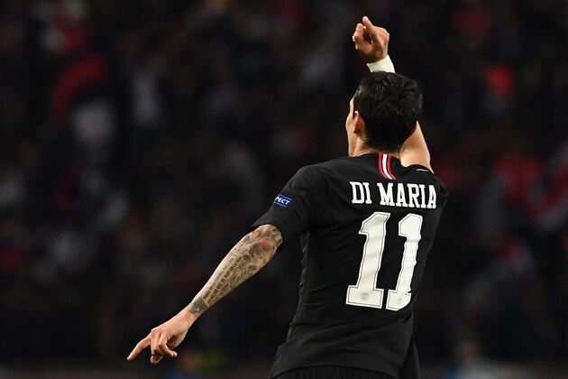 Paris Saint-Germain's Argentine midfielder Angel Di Maria celebrates after scoring a goal during the UEFA Champions League Group C football match between Paris Saint-Germain and SSC Napoli at the Parc des Princes stadium, in Paris, on October 24, 2018. (Photo by Anne-Christine POUJOULAT / AFP)        (Photo credit should read ANNE-CHRISTINE POUJOULAT/AFP/Getty Images)