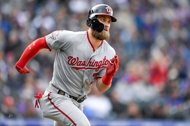 DENVER, CO - SEPTEMBER 30:  Bryce Harper #34 of the Washington Nationals runs out a ninth inning double against the Colorado Rockies at Coors Field on September 30, 2018 in Denver, Colorado.  (Photo by Dustin Bradford/Getty Images)
