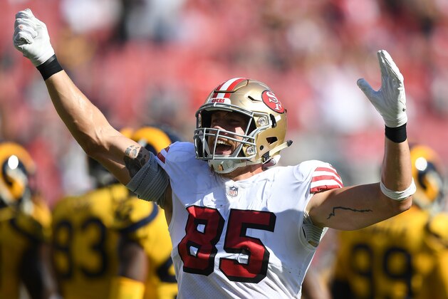 SANTA CLARA, CA - OCTOBER 21:  George Kittle #85 of the San Francisco 49ers celebrates after scoring a touchdown against the Los Angeles Rams during the third quarter of an NFL football game at Levi's Stadium on October 21, 2018 in Santa Clara, California.  (Photo by Thearon W. Henderson/Getty Images)