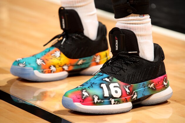 MIAMI, FL - OCTOBER 24: The sneakers of Dwyane Wade #3 of the Miami Heat are worn prior to a game against the New York Knicks on October 24, 2018 at American Airlines Arena in Miami, Florida. NOTE TO USER: User expressly acknowledges and agrees that, by downloading and/or using this photograph, User is consenting to the terms and conditions of the Getty Images License Agreement. Mandatory Copyright Notice: Copyright 2018 NBAE (Photo by Oscar Baldizon/NBAE via Getty Images)