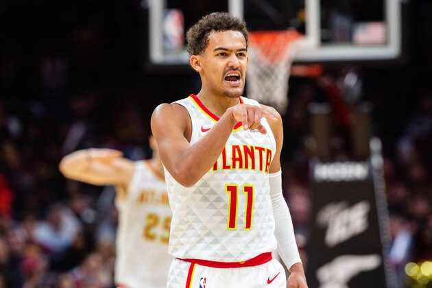 CLEVELAND, OH - OCTOBER 21: Trae Young #11 of the Atlanta Hawks celebrates after the Hawks scored against the Cleveland Cavaliers during the second half at Quicken Loans Arena on October 21, 2018 in Cleveland, Ohio. The Hawks defeated the Cavaliers 133-111. NOTE TO USER: User expressly acknowledges and agrees that, by downloading and/or using this photograph, user is consenting to the terms and conditions of the Getty Images License Agreement. (Photo by Jason Miller/Getty Images)