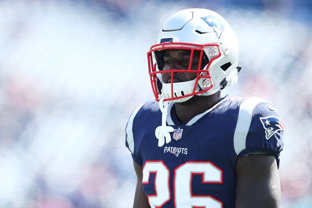 FOXBOROUGH, MA - SEPTEMBER 30: Sony Michel #26 of the New England Patriots looks on before the game against the Miami Dolphins at Gillette Stadium on September 30, 2018 in Foxborough, Massachusetts. (Photo by Maddie Meyer/Getty Images)