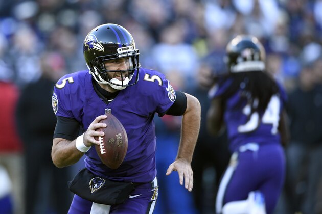 Baltimore Ravens quarterback Joe Flacco looks for a receiver in the first half of an NFL football game against the New Orleans Saints, Sunday, Oct. 21, 2018, in Baltimore. (AP Photo/Nick Wass)