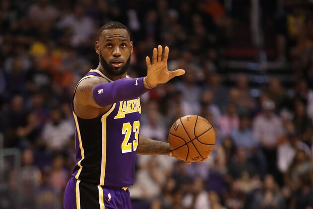 PHOENIX, AZ - OCTOBER 24:  LeBron James #23 of the Los Angeles Lakers handles the ball during the first half of the NBA game against the Phoenix Suns at Talking Stick Resort Arena on October 24, 2018 in Phoenix, Arizona.  NOTE TO USER: User expressly acknowledges and agrees that, by downloading and or using this photograph, User is consenting to the terms and conditions of the Getty Images License Agreement.  (Photo by Christian Petersen/Getty Images)
