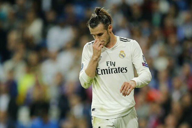 Real's Gareth Bale gestures during the Champions League, group G, soccer match between Real Madrid and Viktoria Plzen at the Santiago Bernabeu stadium in Madrid, Spain, Tuesday Oct. 23, 2018. (AP Photo/Paul White)