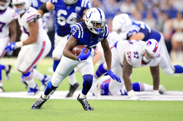 INDIANAPOLIS, IN - OCTOBER 21:  T.Y. Hilton #13  of the Indianapolis Colts runs with the ball in the 37-5 win against the Buffalo Bills at Lucas Oil Stadium on October 21, 2018 in Indianapolis, Indiana.  (Photo by Andy Lyons/Getty Images)