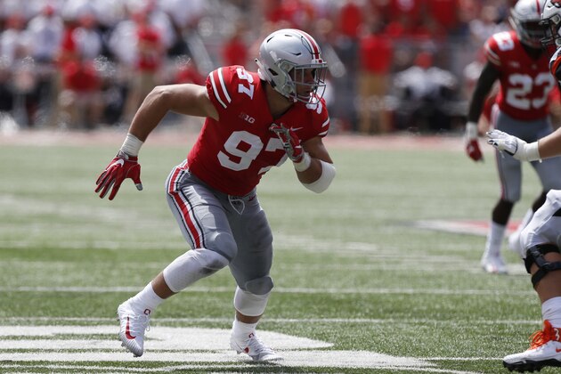 Ohio State defensive lineman Nick Bosa plays against Oregon State during an NCAA college football game Saturday, Sept. 1, 2018, in Columbus, Ohio. (AP Photo/Jay LaPrete)