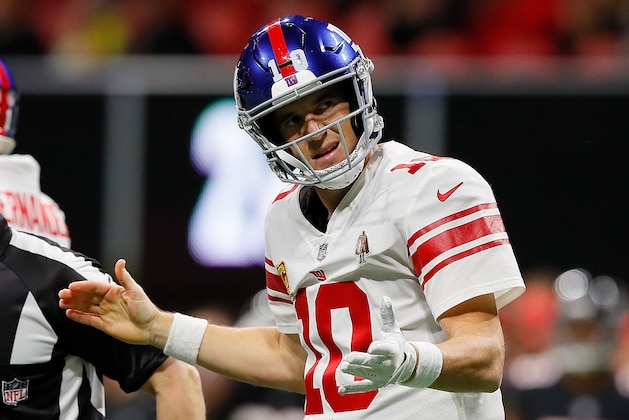 ATLANTA, GA - OCTOBER 22:  Eli Manning #10 of the New York Giants reacts after being sacked by the Atlanta Falcons at Mercedes-Benz Stadium on October 22, 2018 in Atlanta, Georgia.  (Photo by Kevin C. Cox/Getty Images)