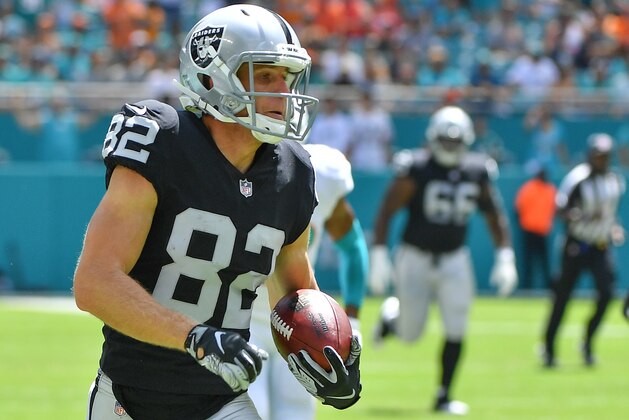 MIAMI, FL - SEPTEMBER 23: Jordy Nelson #82 of the Oakland Raiders runs for a touchdown against the Miami Dolphins at Hard Rock Stadium on September 23, 2018 in Miami, Florida. (Photo by Mark Brown/Getty Images)