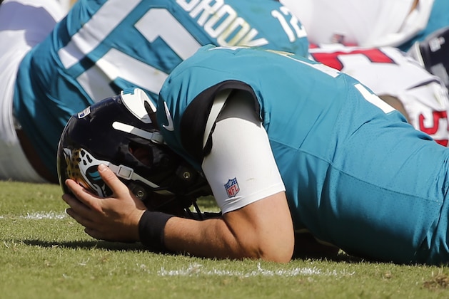 Jacksonville Jaguars quarterback Blake Bortles reacts after losing a fumble to the Houston Texans during the second half of an NFL football game, Sunday, Oct. 21, 2018, in Jacksonville, Fla. (AP Photo/Stephen B. Morton)