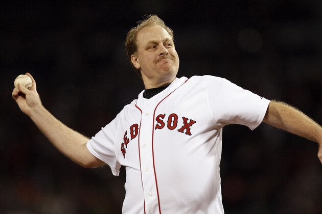 Boston Red Sox pitcher Curt Schilling throws out the ceremonial first pitch before Game 5 of the American League baseball championship series in Boston, Thursday, Oct. 16, 2008. Schilling, who turns 42 next month, missed the entire season with a right shoulder injury. He had surgery on it in June. (AP Photo/Winslow Townson)