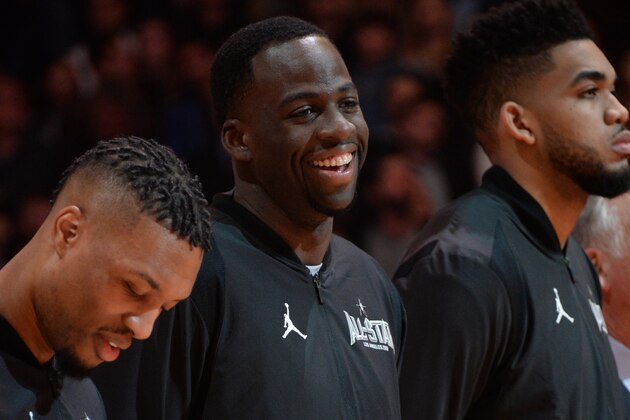 LOS ANGELES, CA - FEBRUARY 18: Draymond Green #23 of team Stephen looks on during the NBA All-Star Game as a part of 2018 NBA All-Star Weekend at STAPLES Center on February 18, 2018 in Los Angeles, California. NOTE TO USER: User expressly acknowledges and agrees that, by downloading and/or using this photograph, user is consenting to the terms and conditions of the Getty Images License Agreement.  Mandatory Copyright Notice: Copyright 2018 NBAE (Photo by Andrew D. Bernstein/NBAE via Getty Images)