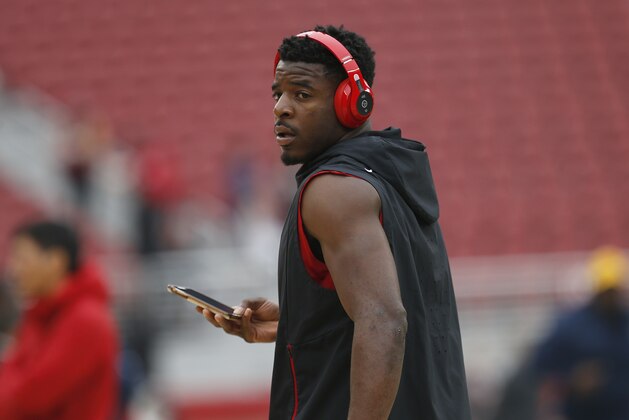 San Francisco 49ers wide receiver Victor Bolden Jr. warms up before an NFL football game against the Los Angeles Rams in Santa Clara, Calif., Sunday, Oct. 21, 2018. (AP Photo/Josie Lepe)