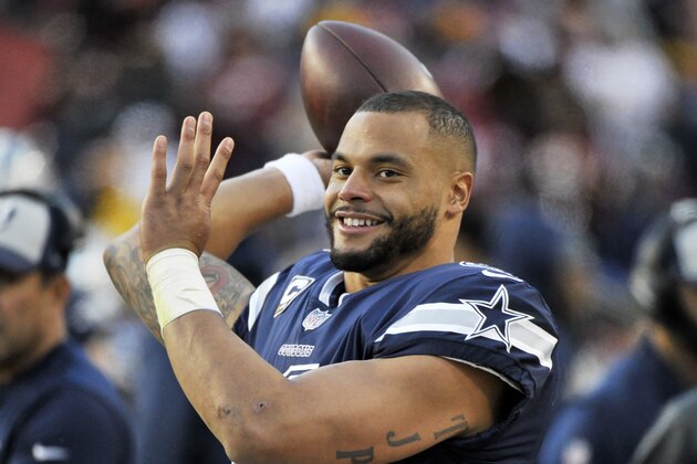 Dallas Cowboys quarterback Dak Prescott throws on the sideline during an NFL football game against the Washington Redskins, Sunday, Oct. 21, 2018, in Landover, Md. (AP Photo/Mark Tenally)