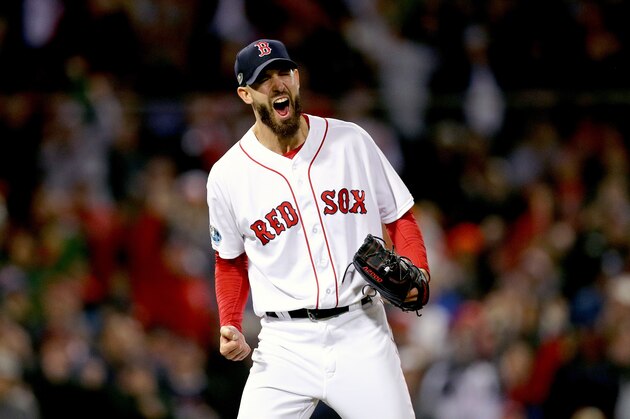 BOSTON, MA - OCTOBER 14:  Rick Porcello #22 of the Boston Red Sox celebrates after retiring the side in the top of the eighth inning against the Houston Astros in Game Two of the American League Championship Series at Fenway Park on October 14, 2018 in Boston, Massachusetts.  (Photo by Maddie Meyer/Getty Images)