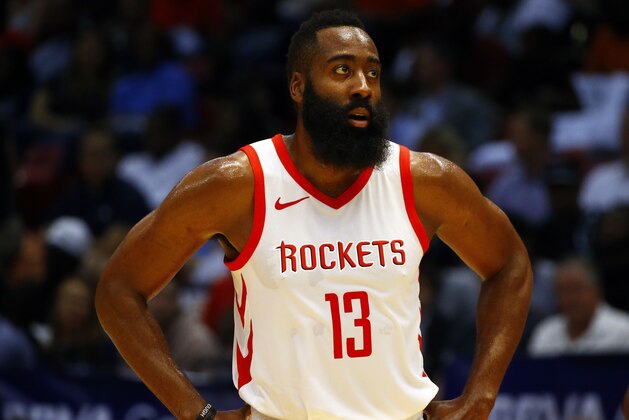Houston Rockets guard James Harden (13) waits for the ball to be thrown in during the first half of a preseason NBA basketball game against the Memphis Grizzlies, Tuesday, Oct. 2, 2018, in Birmingham, Ala. (AP Photo/Butch Dill)