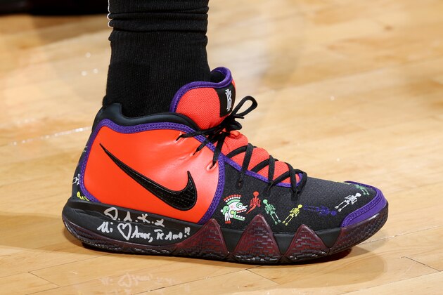 OKLAHOMA CITY, OK - OCTOBER 25: The sneakers of Kyrie Irving #11 of the Boston Celtics before the game against the Oklahoma City Thunder on October 25, 2018 at Chesapeake Energy Arena in Oklahoma City, Oklahoma. NOTE TO USER: User expressly acknowledges and agrees that, by downloading and/or using this photograph, user is consenting to the terms and conditions of the Getty Images License Agreement. Mandatory Copyright Notice: Copyright 2018 NBAE (Photo by Garrett Ellwood/NBAE via Getty Images)