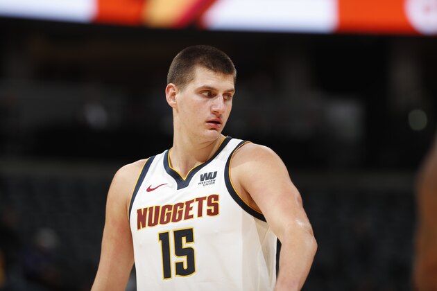 Denver Nuggets center Nikola Jokic in the second half of an NBA preseason basketball game Friday, Oct. 5, 2018, in Denver. The Nuggets won 96-88. (AP Photo/David Zalubowski)