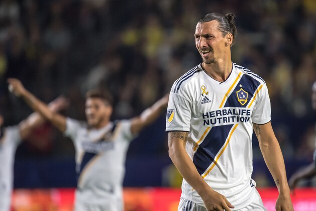 CARSON, CA - SEPTEMBER 29: Zlatan Ibrahimovic #9 of Los Angeles Galaxy  during the Los Angeles Galaxy's MLS match against Vancouver Whitecaps at the StubHub Center on September 29, 2018 in Carson, California.  The Los Angeles Galaxy won the match 3-0 (Photo by Shaun Clark/Getty Images)