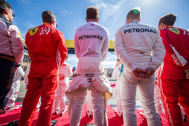 AUSTIN, TX - OCTOBER 21:Daniel Ricciardo of Australia and Red Bull Racing, Kimi Raikkonen of Ferrari and Finland, Lewis Hamilton of Mercedes and Great Britain, Valterri Bottas of Mercedes and Finland, Sebastian Vettel of Ferrari and Germany during the United States Formula One Grand Prix at Circuit of The Americas on October 21, 2018 in Austin, United States.  (Photo by Peter J Fox/Getty Images)