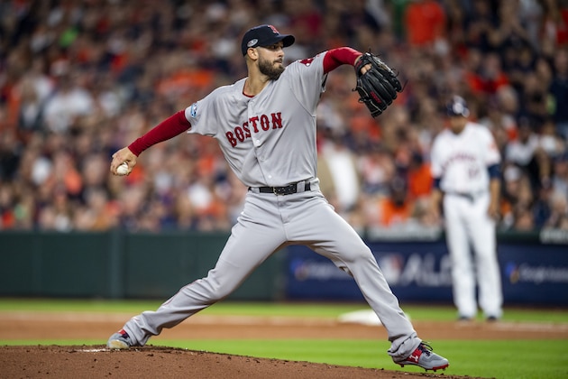 HOUSTON, TX - OCTOBER 17: Rick Porcello #22 of the Boston Red Sox delivers during the first inning of game four of the American League Championship Series against the Houston Astrosat Minute Maid Park on October 17, 2018 in Houston, Texas. (Photo by Billie Weiss/Boston Red Sox/Getty Images)