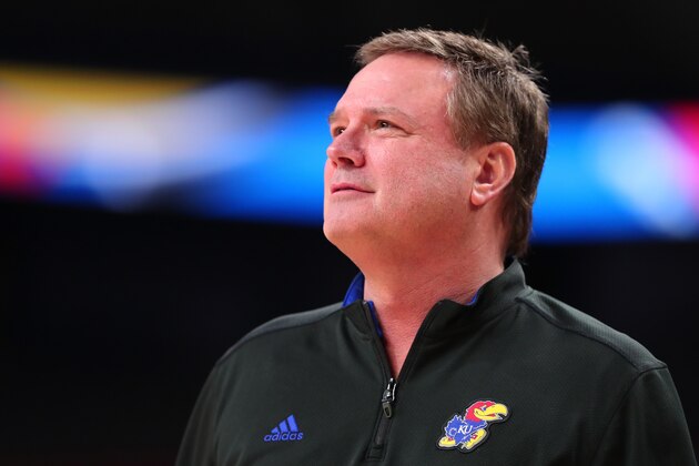 SAN ANTONIO, TX - MARCH 30: head coach Bill Self of the Kansas Jayhawks looks on during practice before the 2018 Men's NCAA Final Four at the Alamodome on March 30, 2018 in San Antonio, Texas.  (Photo by Tom Pennington/Getty Images)
