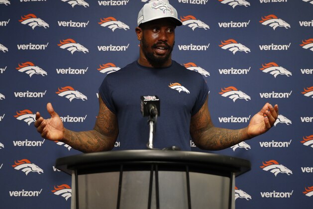 Denver Broncos linebacker Von Miller speaks after an NFL football game against the Arizona Cardinals, Thursday, Oct. 18, 2018, in Glendale, Ariz. The Broncos won 45-10. (AP Photo/Ralph Freso)