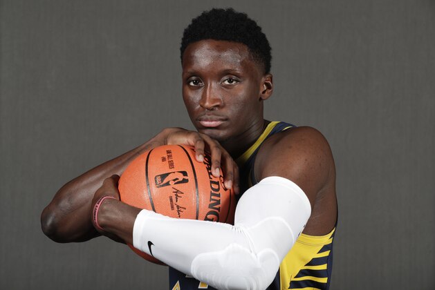 Indiana Pacers guard Victor Oladipo (4) poses for a photograph during the NBA basketball team's media day in Indianapolis, Monday, Sept. 24, 2018. (AP Photo/Michael Conroy)