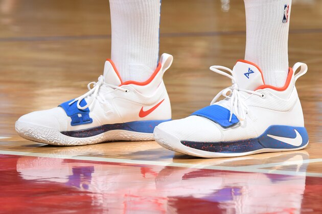 LOS ANGELES, CA - OCTOBER 19: The sneakers of Paul George #13 of the Oklahoma City Thunder during the game against the LA Clippers on October 19, 2018 at STAPLES Center in Los Angeles, California. NOTE TO USER: User expressly acknowledges and agrees that, by downloading and/or using this photograph, user is consenting to the terms and conditions of the Getty Images License Agreement. Mandatory Copyright Notice: Copyright 2018 NBAE (Photo by Andrew D. Bernstein/NBAE via Getty Images)
