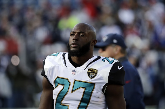 Jacksonville Jaguars running back Leonard Fournette (27) warms up before the AFC championship NFL football game against the New England Patriots, Sunday, Jan. 21, 2018, in Foxborough, Mass. (AP Photo/David J. Phillip)