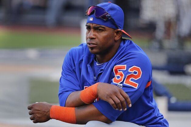 New York Mets' Yoenis Cespedes (52) stretches before a baseball game against the New York Yankees, Friday, July 20, 2018, in New York. (AP Photo/Julie Jacobson)