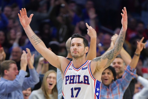 PHILADELPHIA, PA - OCTOBER 20: JJ Redick #17 of the Philadelphia 76ers celebrates his game winning shot against the Orlando Magic at Wells Fargo Center on October 20, 2018 in Philadelphia, Pennsylvania. The 76ers won 116-115. (Photo by Drew Hallowell/Getty Images)