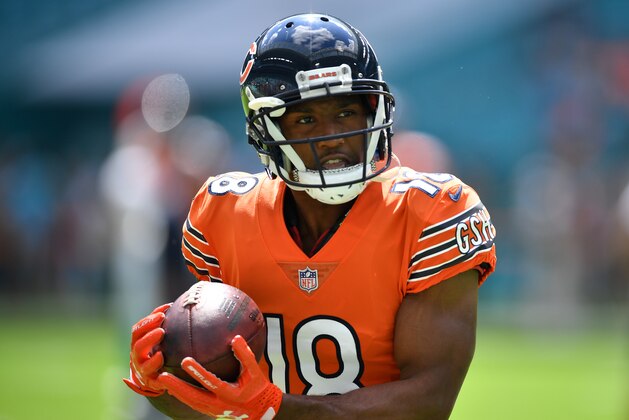 MIAMI, FL - OCTOBER 14: Taylor Gabriel #18 of the Chicago Bears warming up before the game against the Miami Dolphins at Hard Rock Stadium on October 14, 2018 in Miami, Florida. (Photo by Mark Brown/Getty Images)