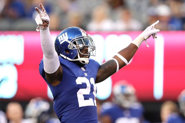 EAST RUTHERFORD, NJ - SEPTEMBER 30:  Landon Collins #21 of the New York Giants celebrates after breaking up a pass against the New Orleans Saints at MetLife Stadium on September 30, 2018 in East Rutherford, New Jersey.  (Photo by Elsa/Getty Images)