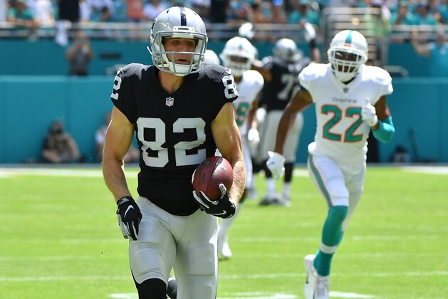 MIAMI, FL - SEPTEMBER 23: Jordy Nelson #82 of the Oakland Raiders runs for a touchdown against the Miami Dolphins at Hard Rock Stadium on September 23, 2018 in Miami, Florida. (Photo by Mark Brown/Getty Images)