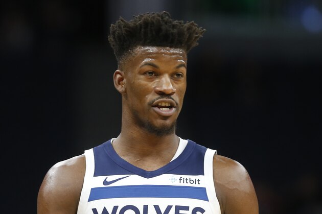 Minnesota Timberwolves' Jimmy Butler plays against the Indiana Pacers in the first half of an NBA basketball game Monday, Oct. 22, 2018, in Minneapolis. (AP Photo/Jim Mone)