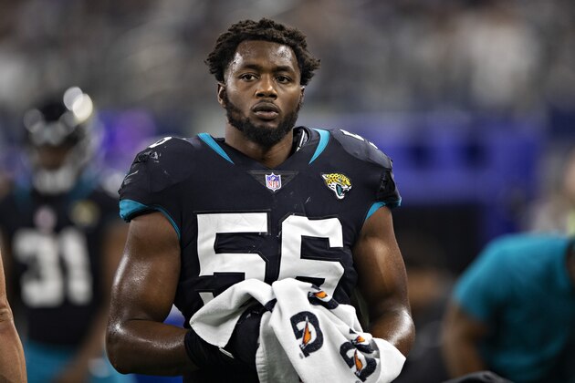 ARLINGTON, TX - OCTOBER 14:  Dante Fowler Jr. #56 of the Jacksonville Jaguars on the sidelines during a game against the Dallas Cowboys at AT&T Stadium on October 14, 2018 in Arlington, Texas.  The Cowboys defeated the Jaguars 40-7.  (Photo by Wesley Hitt/Getty Images)