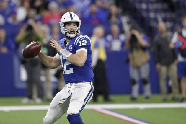 Indianapolis Colts quarterback Andrew Luck (12) throws against the Buffalo Bills during the first half of an NFL football game in Indianapolis, Sunday, Oct. 21, 2018. (AP Photo/Michael Conroy)