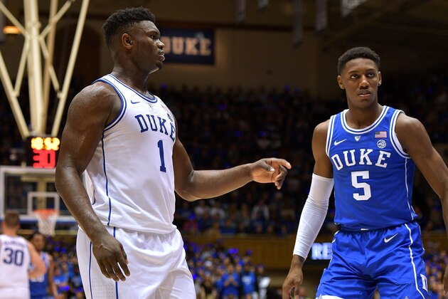 DURHAM, NC - OCTOBER 19: Zion Williamson #1 and RJ Barrett #5 of the Duke Blue Devils look on during Countdown to Craziness at Cameron Indoor Stadium on October 19, 2018 in Durham, North Carolina. (Photo by Lance King/Getty Images)