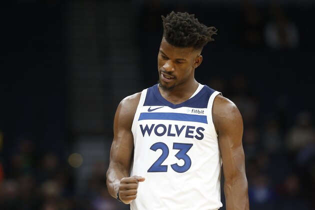 Minnesota Timberwolves' Jimmy Butler plays against the Indiana Pacers in the first half of an NBA basketball game Tuesday, Oct. 22, 2018, in Minneapolis. (AP Photo/Jim Mone)