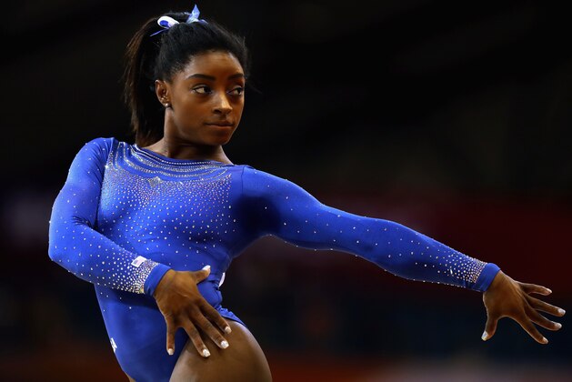 DOHA, QATAR - OCTOBER 27:  Simone Biles of USA competes in the Women's Floor Exercise Qualification during day three of the 2018 FIG Artistic Gymnastics Championships at Aspire Dome on October 27, 2018 in Doha, Qatar.  (Photo by Francois Nel/Getty Images)