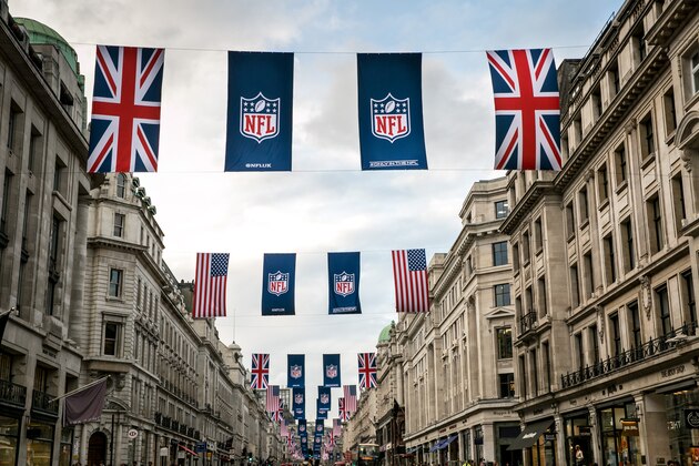 LONDON, ENGLAND - SEPTEMBER 12:  Union Jack and American flags are draped across Regent Street to celebrate the National Football League's upcoming season of American football games in this historic city on September 12, 2017, in London, England. Great Britain's move toward 'Brexit,' or the departure from the European Union, has not deterred the late summer crowds visiting city museums, hotels, and other important tourist attractions. (Photo by George Rose/Getty Images)