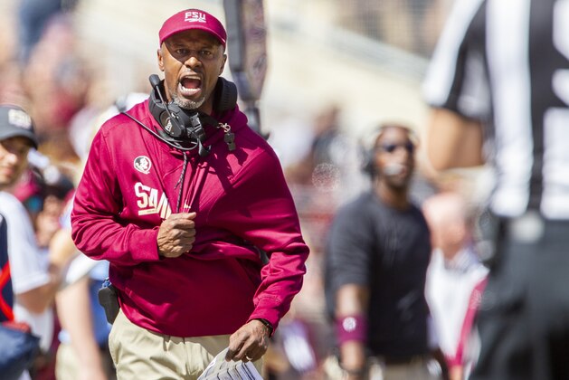Florida State head coach Willie Taggart disagrees with the referee in the first half of an NCAA college football game against Clemson in Tallahassee, Fla., Saturday, Oct. 27, 2018. (AP Photo/Mark Wallheiser)