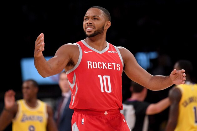 LOS ANGELES, CA - OCTOBER 20:  Eric Gordon #10 of the Houston Rockets calls for a foul during a 124-115 win over the Los Angeles Lakers at Staples Center on October 20, 2018 in Los Angeles, California.  (Photo by Harry How/Getty Images)
