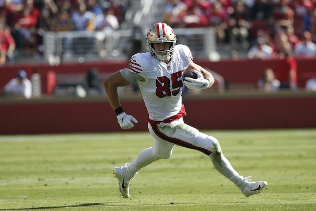San Francisco 49ers tight end George Kittle (85) during an NFL football game against the Los Angeles Rams in Santa Clara, Calif., Sunday, Oct. 21, 2018. (AP Photo/Josie Lepe)